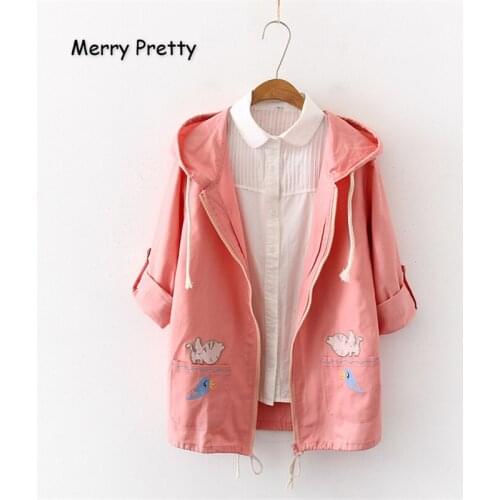 XUANHAO Women Cartoon Embroidery Basic Jacket 2020 Winter Long Sleeve Pockets Hooded Jacket Casual Zippers Outerwear Coat