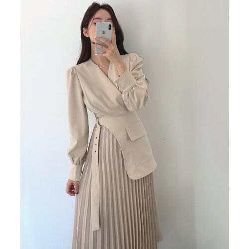 ZCSMLL Korea chic niche temperament V-neck cross belt decorative stitching design fake two-piece pleated dress 2021 summer