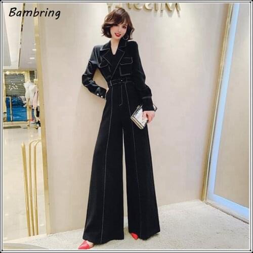 Temperament Suit Lapel Long Jumpsuit Women Elegant High Waist With Belt Wide Leg Rompers Office Lady Long Sleeve Overalls Black