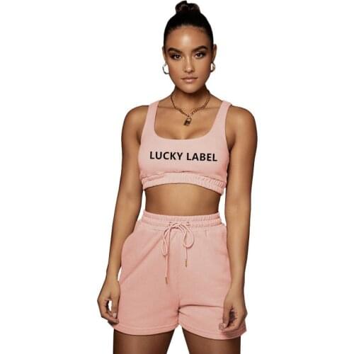Lucky Lable Letter Embroidery Tracksuit Women Casual Sportswear Drawstring Tank Crop Top + Shorts Two Piece Set Women Outfits