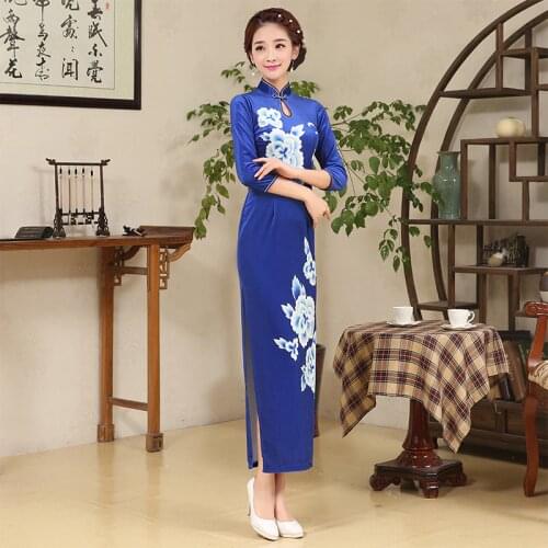 New Long Sleeve Flower Cheongsam Plus Size Chinses Traditional Dress Chinese Anicent Women Dress Lady Slim DressJQY15001