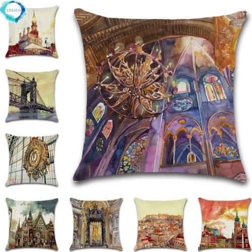 Famous Buildings Watercolor Landscape Painting Decor Cushion Cover Bedroom Polyester Throw Pillow Cover Pillowcase for Couch