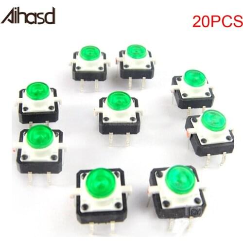 20PCS/LOT Green Color LED Reset Tactile Button Normally Open 4 Pin Touch Switch 12*12mm
