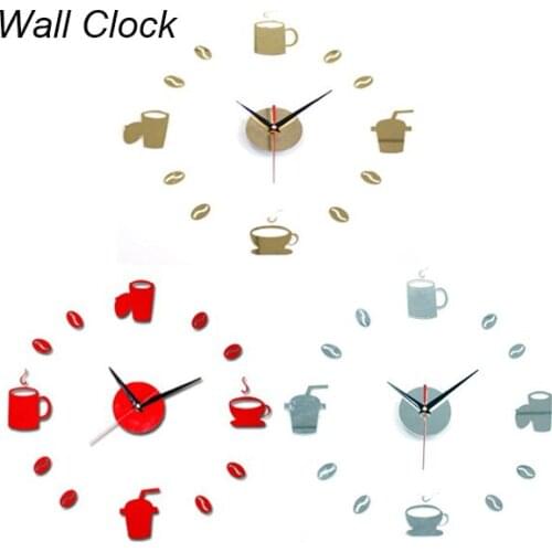 Coffee Cup 3D DIY Bean Sticker Wall Clock Acrylic Quartz Modern Home Decor Vintage Kitchen Wall Clock