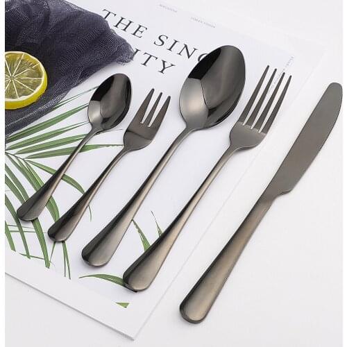 5Pcs Glossy Black Stainless Steel Cutlery Tableware Set Dinnerware Dinner Flatware Set Travel Forks Knives Spoons Set Silverware
