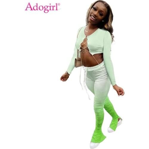Adogirl 2020 Autumn Women Sexy Two Piece Set Metal Chain Long Sleeve Crop Top Changing Color Stacked Flare Pants Club Clothing