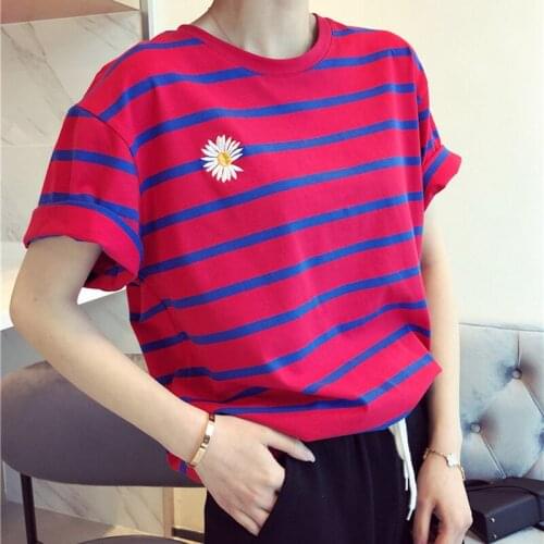 Daisy embroidered tees summer short sleeve oversized striped t shirt kawaii cute tops women 2021 tshirt cotton korean clothes