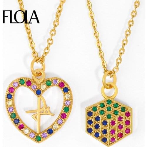 FLOLA Multicolor Crystal Heart Pendant Necklaces For Women Rainbow Zirconia Gold Chain Square Necklace Wholesale Jewelry nkeq92