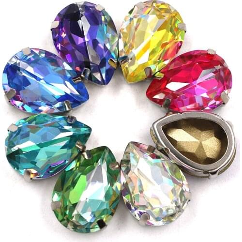 10x14mm/13x18mm Laser crystal pointback Teardrop shape Glass sew on rhinestones with silver Hollow claws setting for clothing
