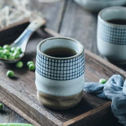 Creative Retro Japanese Style Ceramic Soup Cup Coarse Pottery Hand Painted Lattice Pattern Teacup Coffee Cup Wine Cups Drinkware