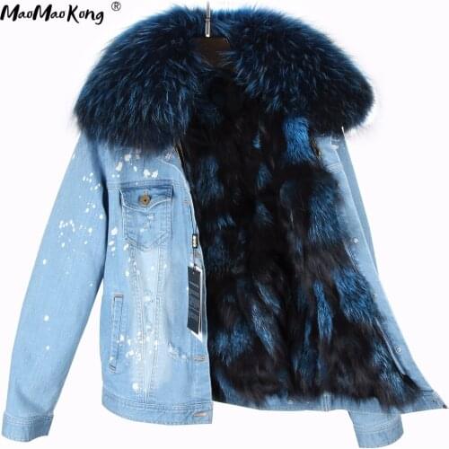 MAO MAO KONG 2020 Real Fox Fur Lining Denim Jacket Coat Parkas100% Large Raccoon Fur Collar Women Winter Coat Jacket Denim
