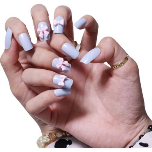 Fake Nails Medium and Long Light Blue Butterfly Wearing Nail Stickers Finished Nail Stickers 24 Nail Stickers With Glue SANA889
