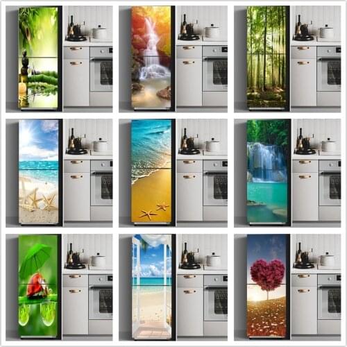 Fridge Stickers Refrigerator Cover Door Landscape Plant Sea Vinyl Self Adhesive Kitchen Furniture Decor Wrap Freezer Sticker DIY