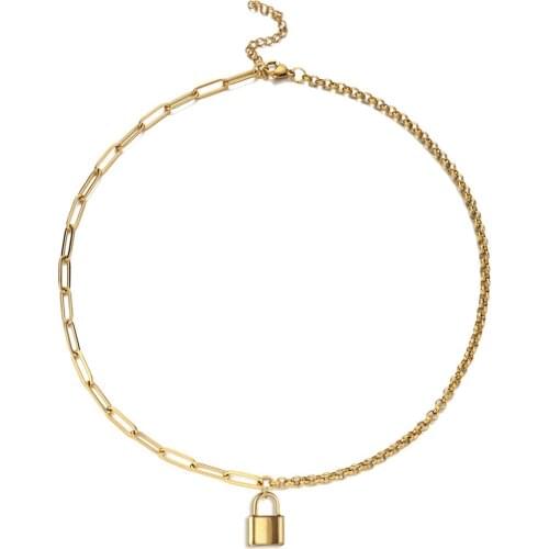 New Punk Stainless Steel Paper Clip Asymmetry Chain PadLock Pendant Necklaces For Woman Lock Choker Jewelry