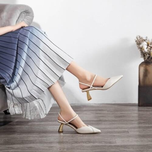 For New summer high heels pointed toe stiletto all-match bag toe sandals French single shoes thick heel mid-heel