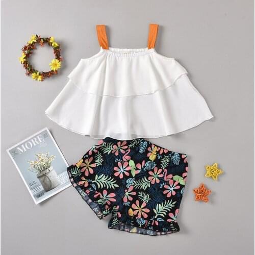 New Girls Chiffon Clothes Trousers Suit Toddler Summer Holiday Kids Causal Flower Print Pant 2PCS/Set