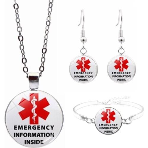 New Medical Alert ID Jewelry Set Women Diabetes Necklace Bracelet Earrings ICE Emergency Jewelry