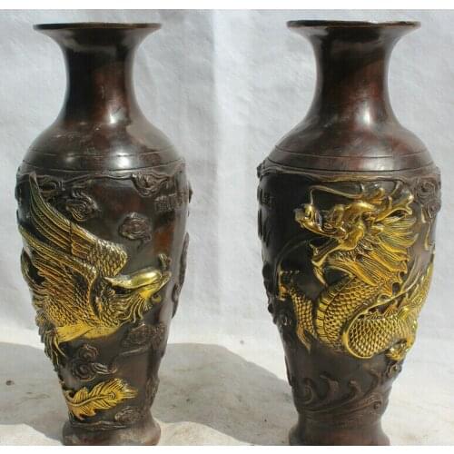 Song voge gem S1960 11" Marked Chinese Dynasty Bronze Gild dragon phoenix flower Bottle Vase Pair