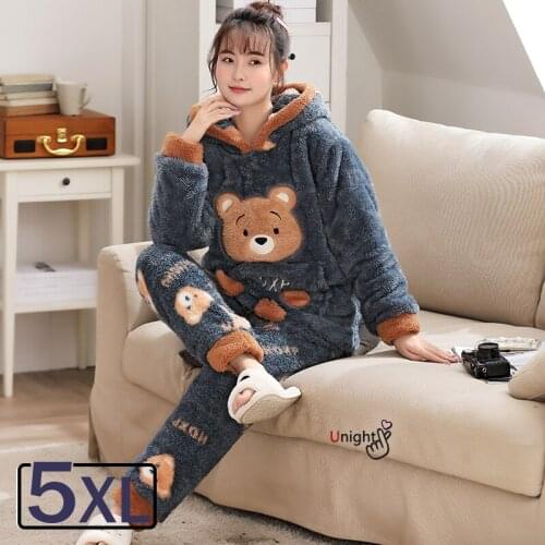 5XL Autumn Winter Warm Flannel Women Pajamas Sets Thick Coral Velvet Long Sleeve Plus Size Cartoon Sleepwear Thin Pyjamas Set