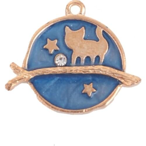 DoreenBeads Fashion Zinc Based Alloy Galaxy Pendant Round Gold Royal Blue Cat Clear Rhinestone Enamel DIY Charms 26 x 22mm,2PCs