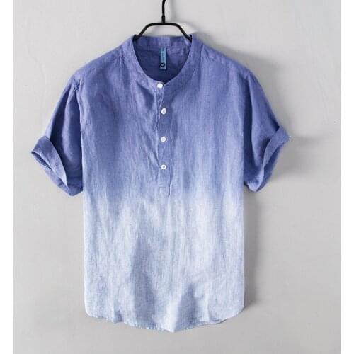 Short Sleeve Shirt for Men 100% Pure Linen Loose Thin Gradient Tops Male Fashion Solid Color Pullover Clothing Japanese Fashion