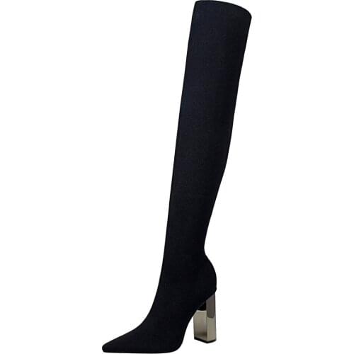 Thigh High Boots Women Knitwear Sock Shoes Laidies 10cm High Block Heels Pointed Toe Black Boots Elegent Party Office Footwear