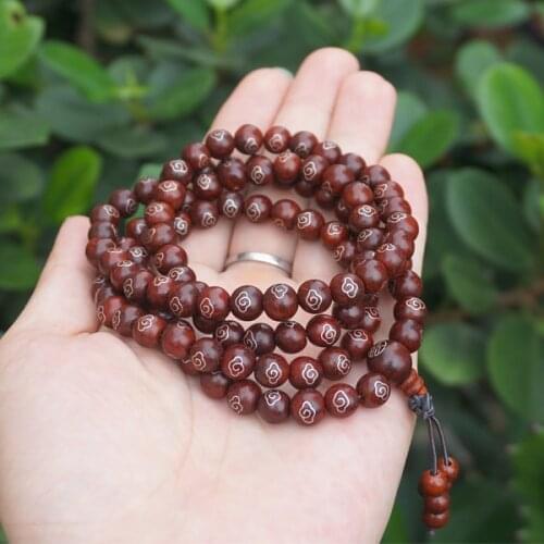 6mm 8mm 10mm * 108 * Natural Red Sandalwood Inlay Silver Beads Japa Mala Prayer Bracelet or Necklace DIY Accessories Yellow