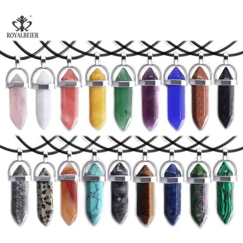 ROYALBEIER Hexagonal Column Pendant Necklace Natural Quartz Hexagon Pendant Necklace Vertical Eye Pendant Leather Chain Necklace