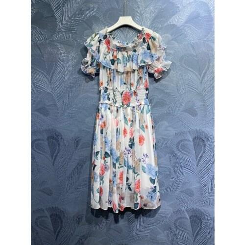 Chiffon White Color Women Ruffles Dress Summer Slash Neck Good Quality Casual Holiday Party Dresses Vestidos Clothing