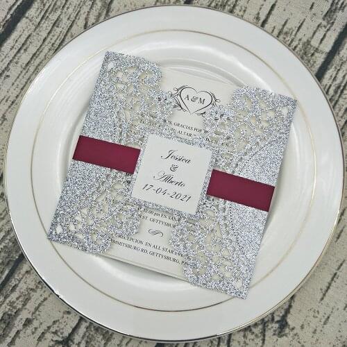 5.9x5.9inch Silver Glitter Personalized Print Laser Cut Wedding Cards with Burgundy Ribbon and Glittery Tag Sweet 15 Invitation