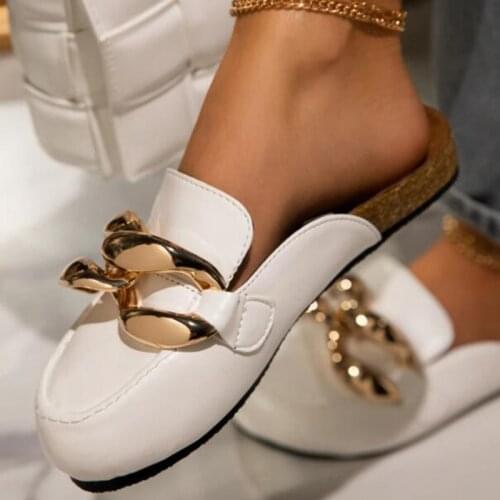 Metal Chain Lazy Loafers Big Round Toe Womens Slippers Sandals 2021 Summer Fashion Pumps Thick-soled Office Women Shoes Mules