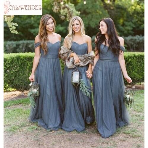 Tulle Dark Grey Bridesmaid Dresses A-Line Off-shoulder robes de demoiselle d'honneur with Deflated Sleeve Maid of Honor Dress