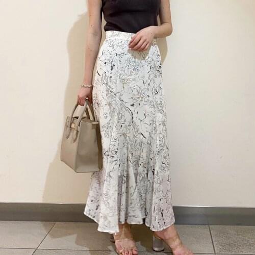 Japan Style Temperament Print Trumpet Skirts Woman Chic Irregular High Waist Long Skirt 2021 Summer Elegant Mermaid Faldas Mujer