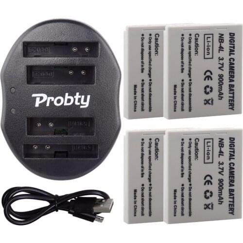 4Pcs Probty NB-4L NB 4L Battery + USB Dual Charger for Canon PowerShot SD200 SD300 SD400 SD430 SD450 SD600 SD630 SD750 SD780 IS