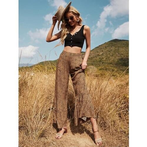 Women Y2k Fashion Leopard Pants 2021 Summer Office Lady Printed Long Pant Casual Elastic Waist Pockets Oversized Pantalon