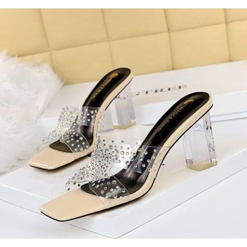 Womens Slippers 2021 Summer New Fashion Womens Transparent PVC High-heeled Square Toe Shiny Rhinestone Sandals
