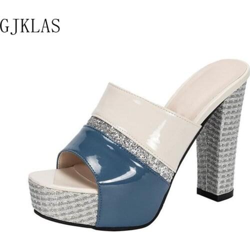 Platform Shoes Summer Outdoor Slippers Women Chunky Heels Sandalia Mule Fashion New Bling Open Sandal Woman High Heels Slipper