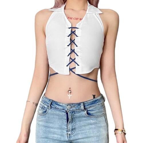 Womens Sexy Bandage Halter Vest Fashion Solid Color Lapel Backless Exposed Navel Camisole