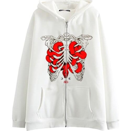 Zipper Gothic punk black hooded sweatshirt women ins female cartoon print student long sleeve o-neck dress Hood hoodie