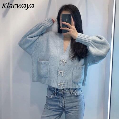 Klacwaya Womens Clothing New Fashion Faux Gemstone Bow Button Sweater V-Neck Lantern Puff Sleeve Knit Cardigan Jacket