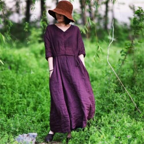 Women Loose V Neck Solid Color Ramie Dress Ladies Vintage Ramie Dresses Female Summer Autumn Dress 2021