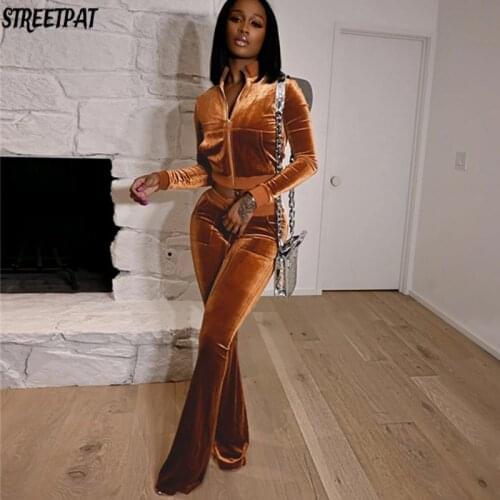 Winter Velvet Tracksuit Women Two Piece Set Jackets Long Sleeve Top And Flare Pants Suits Velour Jogging Outfits Sweatsuits