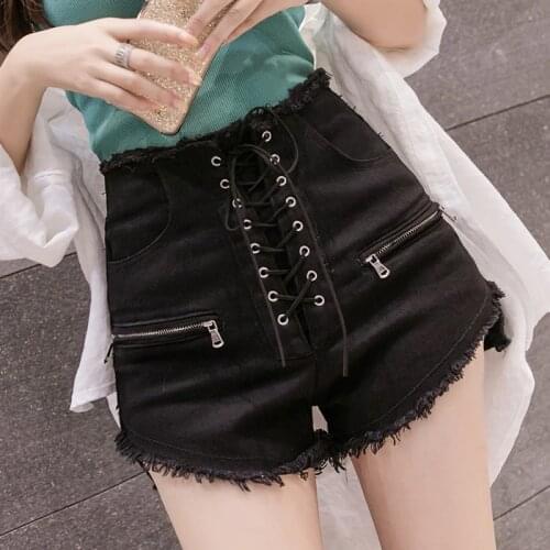 MUMUZI 2020 Simple Women Casual Shorts Black Body Lace Up Bandage Summer Shorts Female Elastic Skinny Slim Denim Jean Shorts