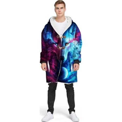 3D Print Wolf Moon Hooded Blanket Warm Fleece Plush Blanket with Sleeves,Winter Sofa Wearable Coat Buttoned Jacket Pocket Hoodie