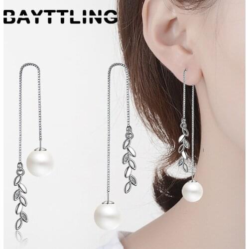 BAYTTLING 925 Sterling Silver 123MM Fine Leaf Zircon Pendant Round Pearl Earrings For Woman Fashion Wedding Party Jewelry Gift