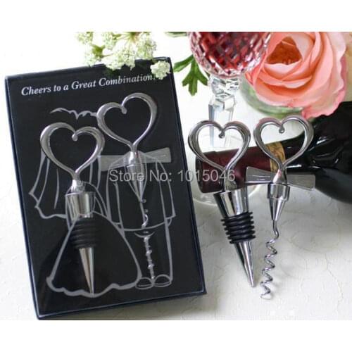 Free Shipping 1 X Bride &Groom Bottle Stopper And Opener Two Hearts Wine Favor Set Wedding Favor Wedding Gifts