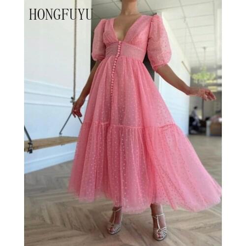 Hongfuyu Sparkly V-Neck Pink Prom Dresses Puff Sleeves A-Line Short Evening Dresses Starry Tulle Tea-Length Formal Party Dresses