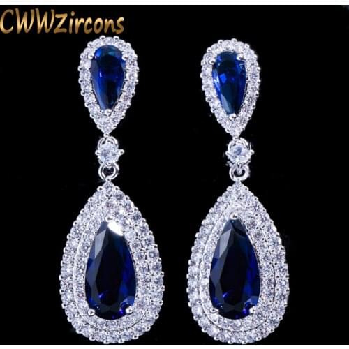 CWWZircons Stunning White Cubic Zirconia Stone Setting Luxury Water Drop Long Royal Blue Earring Women Party Jewelry CZ296
