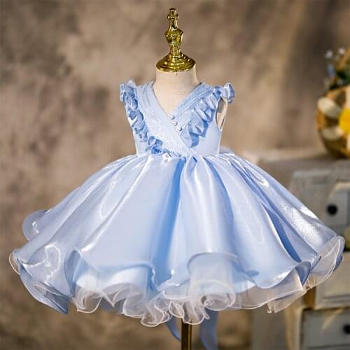 Baby Royal Lolita Princess Dresses Girls Evening Blue Ball Gown Infant Lace Birthday Christening Dress Girl Boutique Clothes