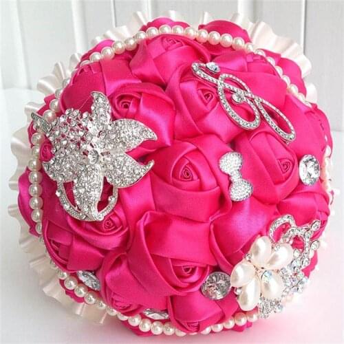 Hot fushia pearl artificial wedding bouquets crystal bridal wedding bouquets for wedding decoration